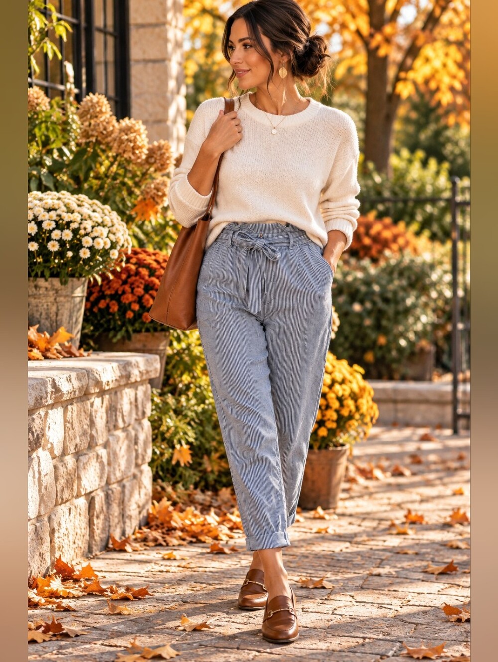 LOFT Linen Cotton Striped Paperbag Waist Pants Tie Belt Cropped